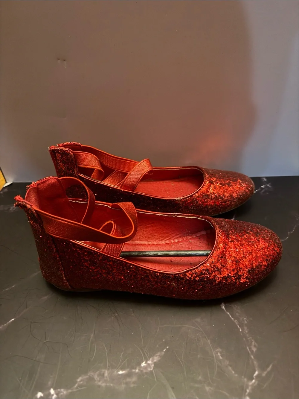 Girls Red Glitter Ballet Flats with Ankle Ribbon